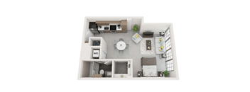 A top-down view of a small apartment with a kitchen, living room, and bathroom.