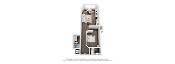 A 3D floor plan of a small apartment with a kitchen, living room, and bathroom.