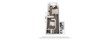 A 3D floor plan of a house with a kitchen, living room, and bathroom.