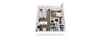 A 3D floor plan of a small apartment with a kitchen, living room, and bathroom.