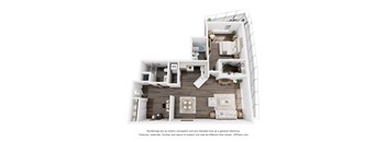 A 3D floor plan of a house with a kitchen, living room, and bathroom.