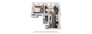 A 3D floor plan of a small apartment with a kitchen, living room, and bathroom.