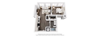 A 3D floor plan of a small apartment with a kitchen, living room, and bathroom.