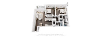 A 3D floor plan of a house with a kitchen, living room, and two bedrooms.