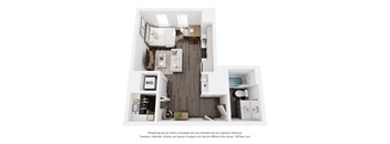 A 3D floor plan of a small apartment with a kitchen, living room, and bathroom.