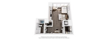 A 3D floor plan of a small apartment with a kitchen, living room, and bathroom.