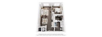 A 3D floor plan of a small apartment with a kitchen, living room, and bathroom.