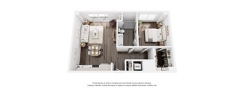 A top-down view of a modern, minimalist bedroom with a large bed, a desk, and a wardrobe.