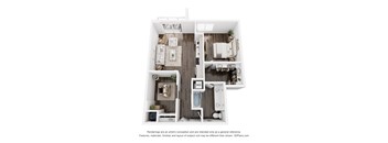 A 3D floor plan of a small apartment with a kitchen, living room, and bathroom.
