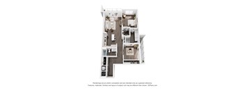A 3D floor plan of a house with a kitchen, living room, and two bedrooms.