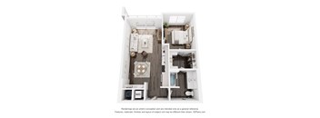 A 3D floor plan of a small apartment with a kitchen, living room, and bathroom.