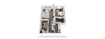 A 3D floor plan of a small apartment with a kitchen, living room, and bathroom.