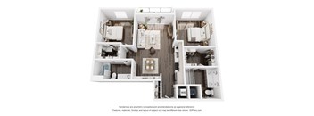 A 3D floor plan of a house with a kitchen, living room, and two bedrooms.