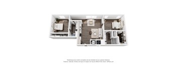 A 3D floor plan of a house with a kitchen, living room, and two bedrooms.