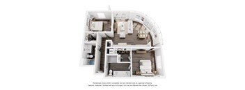 A 3D floor plan of a house with a kitchen, living room, and bathroom.