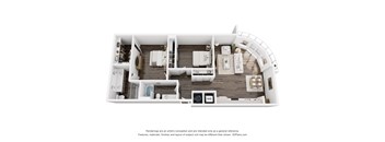 A 3D floor plan of a house layout.