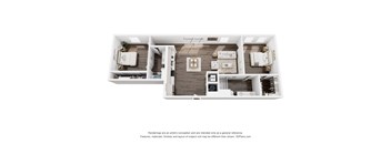 A 3D floor plan of a house with a kitchen, living room, and two bedrooms.