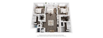 A 3D floor plan of a house with a kitchen, living room, and two bedrooms.