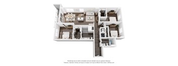 A 3D floor plan of a house with a kitchen, living room, and bedrooms.