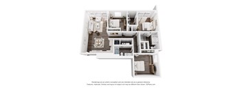 A 3D floor plan of a house with a kitchen, living room, and two bedrooms.