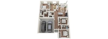 A floor plan of a house with two bedrooms, a living room, a kitchen, and two parking spaces.