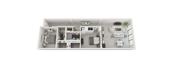 A floor plan of a small apartment with a kitchen, living room, and bathroom.
