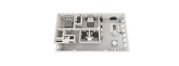 A white model of a house with a kitchen, living room, and two bedrooms.