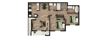 A floor plan of a house with a kitchen, living room, and bathrooms.