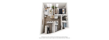 A 3D floor plan of a small apartment with a kitchen, living room, and bathroom.