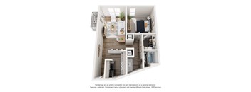 A 3D floor plan of a small apartment with a kitchen, living room, and bedroom.