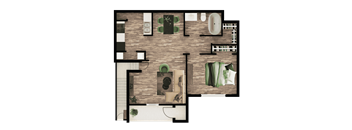A top-down view of a room with a couch, a coffee table, and a TV.