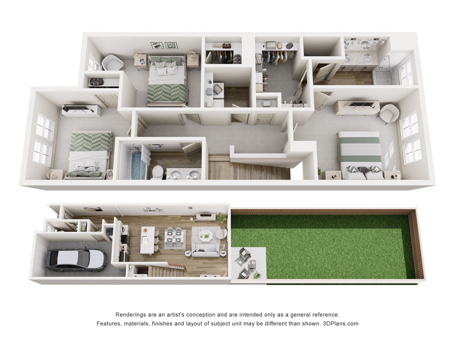A 3D floor plan of a house with multiple rooms and furniture.