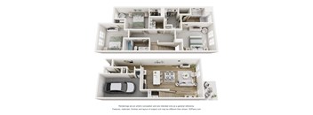 A 3D floor plan of a house with two bedrooms, a living room, a kitchen, and a garage.