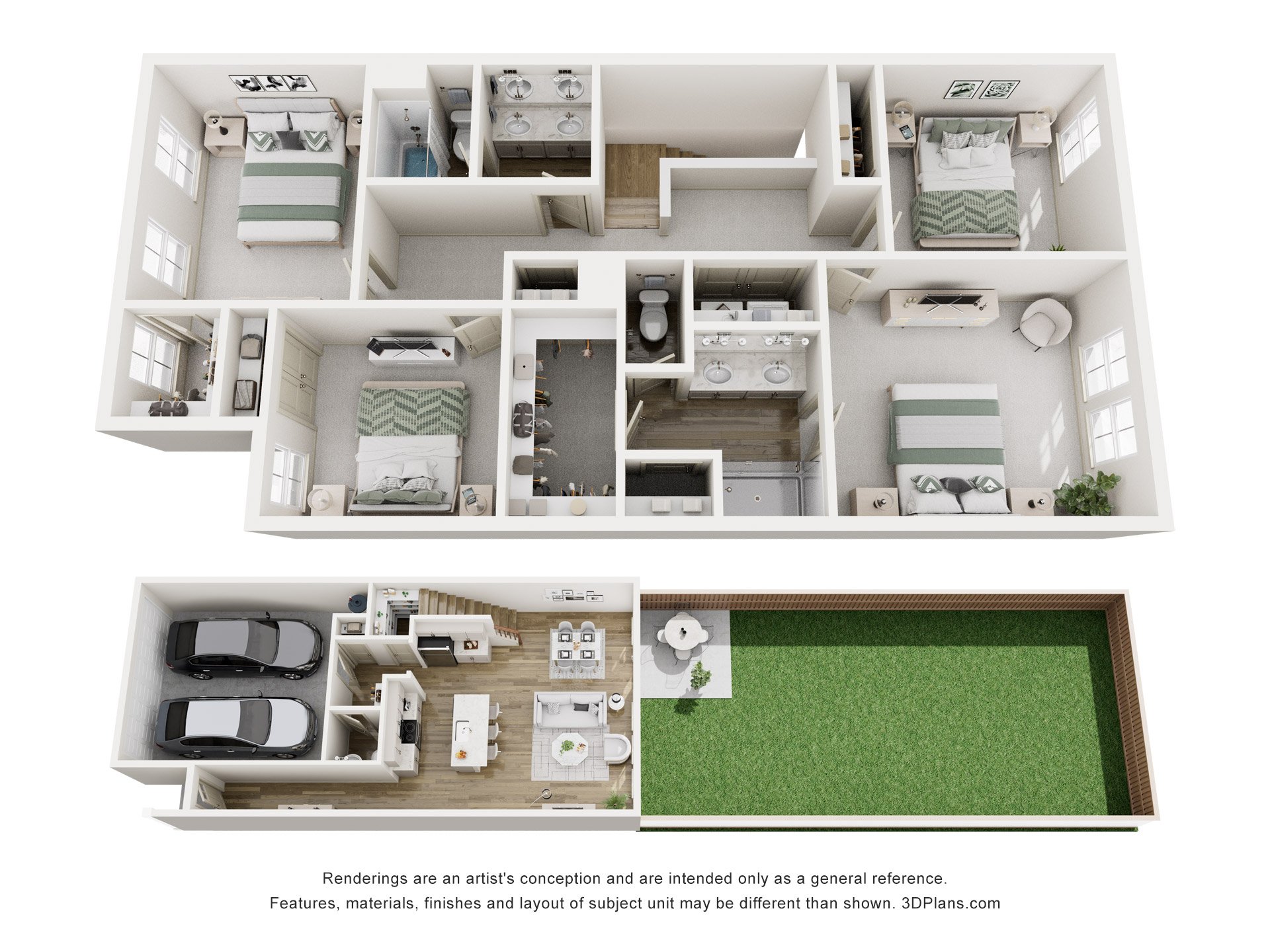 A diagram of a house layout with a kitchen, living room, and bedrooms.