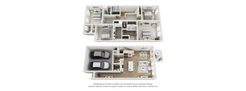 A 3D floor plan of a house with two bedrooms, a living room, a kitchen, and a garage.