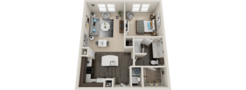a 3d floor plan of a bedroom with a bathroom and a living room