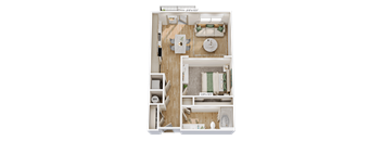 A floor plan of a small apartment with a living room, kitchen, and bathroom.