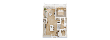 A floor plan of a small apartment with a bedroom, living room, and kitchen.