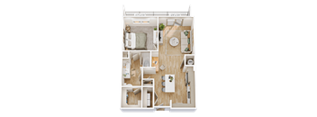 A floor plan of a one bedroom apartment with a living room, kitchen, and bathroom.
