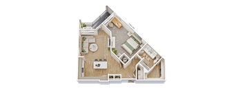 A 14x12 feet floor plan of a house with a living room, dining room, kitchen, and bathroom.