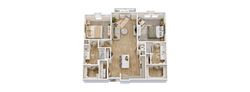 A top-down view of a house layout with three bedrooms, a living room, a kitchen, and a bathroom.