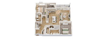 A 3D floor plan of a house with dimensions and room names.