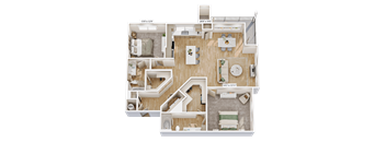 A detailed 3D floor plan of a house layout.