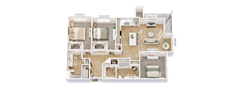 A floor plan of a house with three bedrooms, a living room, a kitchen, and a bathroom.