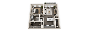 A detailed 3D floor plan of a small apartment layout.