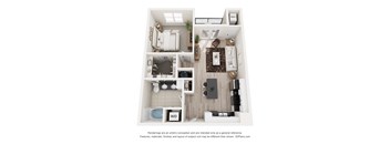 A 3D floor plan of a small apartment with a kitchen, living room, and bathroom.