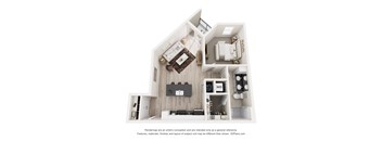 A 3D floor plan of a house with a kitchen, living room, and two bedrooms.