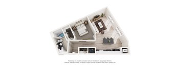 A 3D floor plan of a small apartment with a kitchen, living room, and bathroom.