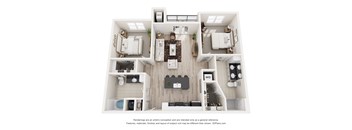 A 3D floor plan of a house with a kitchen, living room, dining room, and bathrooms.