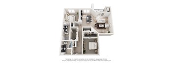 A 3D floor plan of a house with a kitchen, living room, and two bedrooms.